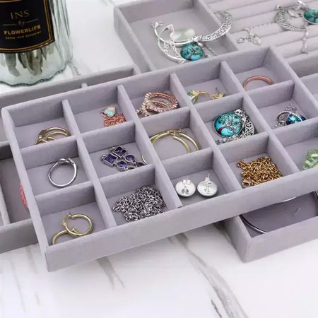 Atualizar caixa de armazenamento de jóias de veludo colar empilhável bandeja de exibição pulseira brinco organizadores diy artesanato gaveta caixa cinza