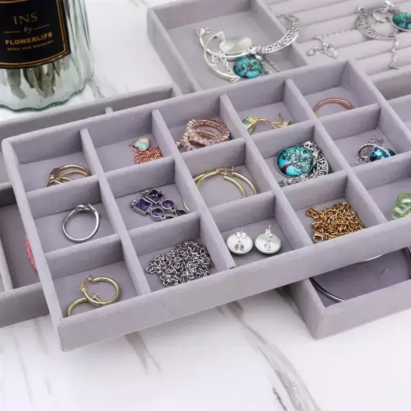 Atualizar caixa de armazenamento de jóias de veludo colar empilhável bandeja de exibição pulseira brinco organizadores diy artesanato gaveta caixa cinza