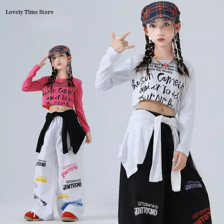 Meninas hip hop letras colheita topo graffiti joggers calças crianças k-pop roupas de dança de rua conjunto crianças menina grupo streetwear traje