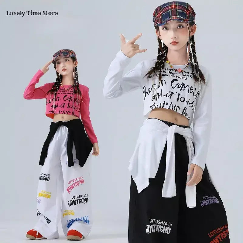 Meninas hip hop letras colheita topo graffiti joggers calças crianças k-pop roupas de dança de rua conjunto crianças menina grupo streetwear traje
