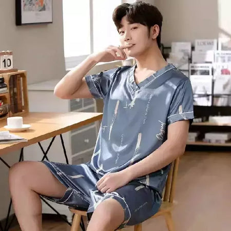 Conjunto de pijama de seda gelo manga curta masculino, pijama casual fino de simulação, tamanho grande, roupa para casa, verão, 2 peças