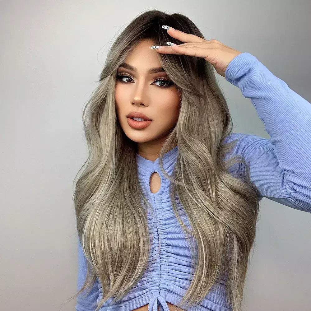 Marrom loira ombre perucas de cabelo natural para mulheres longo ondulado com raízes escuras peruca sintética para mulheres resistente ao calor perucas coaplay