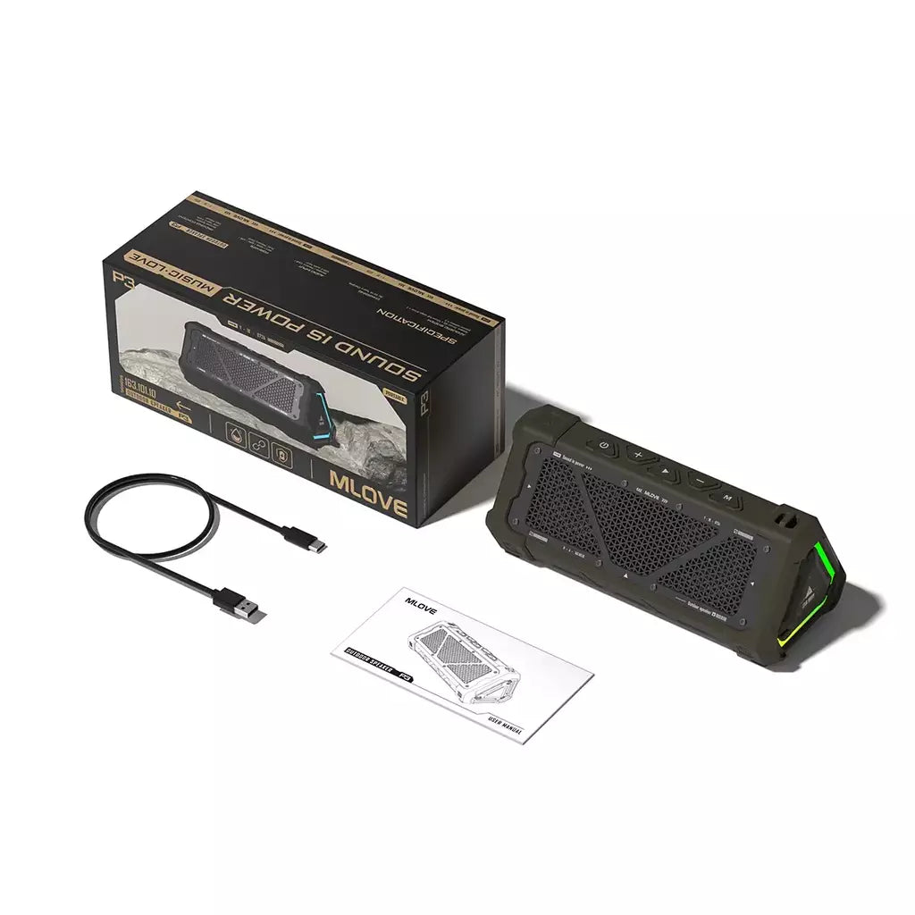 MLOVE P3 Alto-falante Bluetooth externo, alto-falante Bluetooth 5.3 com potência de saída de 40 W, som estéreo IPX7 à prova d'água, cartão Micro SD, luz RGB