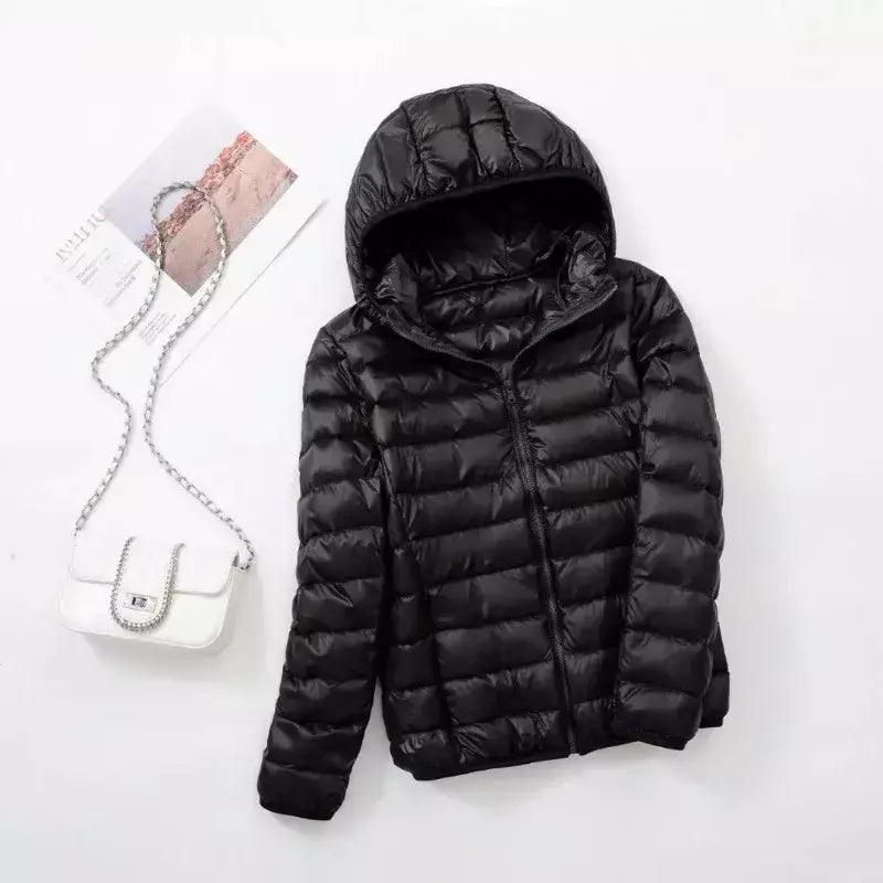 Casaco fino leve com capuz de pato para mulheres, casaco curto fino, streetwear quente, branco, plus size, casacos, outono, inverno, 2023