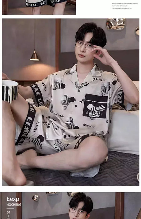 Pijama de seda gelo de duas peças masculino, shorts de manga curta, seção fina, estudante, terno homewear adolescente, verão, novo