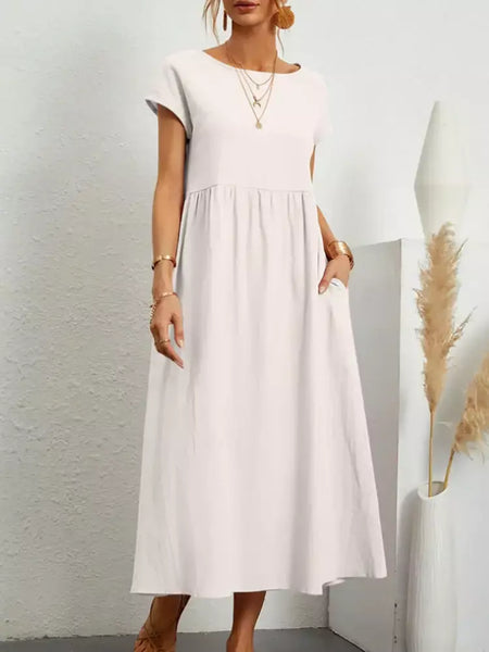 Vintage sólido midi vestido casual manga curta algodão e linho harajuku oversized vestido longo feminino verão y2k maxi vestido de verão 2023