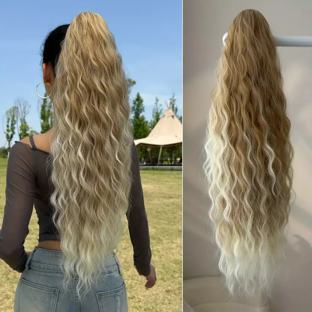 Aoosoo sintético água rabo de cavalo extensão do cabelo clipe no rabo de cavalo da mulher acessórios para o cabelo longo encaracolado peruca natural encaracolado preto