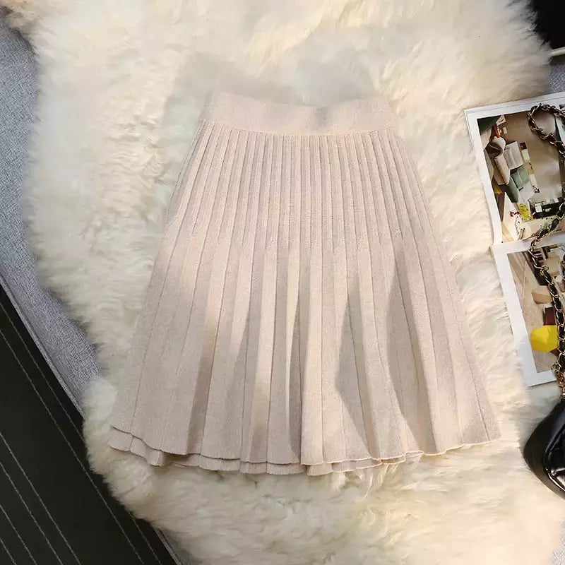 Míni saia plissada de malha feminina, cintura alta elástica, saia guarda-chuva linha A, casual sexy, curta, outono, inverno