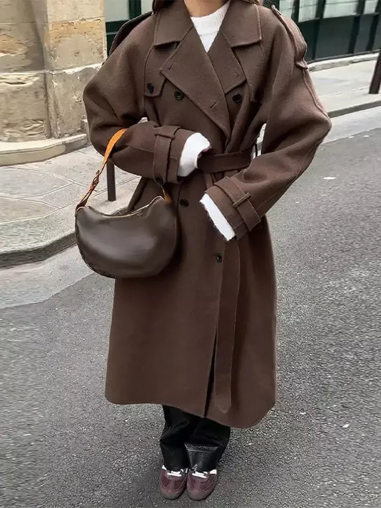 Trench coat maxi oversized feminino com lapela entalhada com cinto duplo breasted vintage streetwear 2025 tendência casual casacos diários