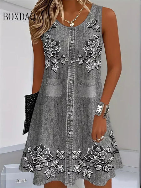 2025 mulheres verão sem mangas vestido boêmio moda imitar cowboy colete flores impressão vestido casual tanque vestidos de praia para mulher