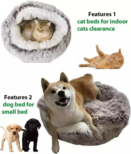 Almofada redonda para gatos, sacos de dormir semi fechados para animais de estimação, pelúcia longa e macia 2 em 1, camas quentes para gatos, conforto simples, ninho de dormir quente para cachorros