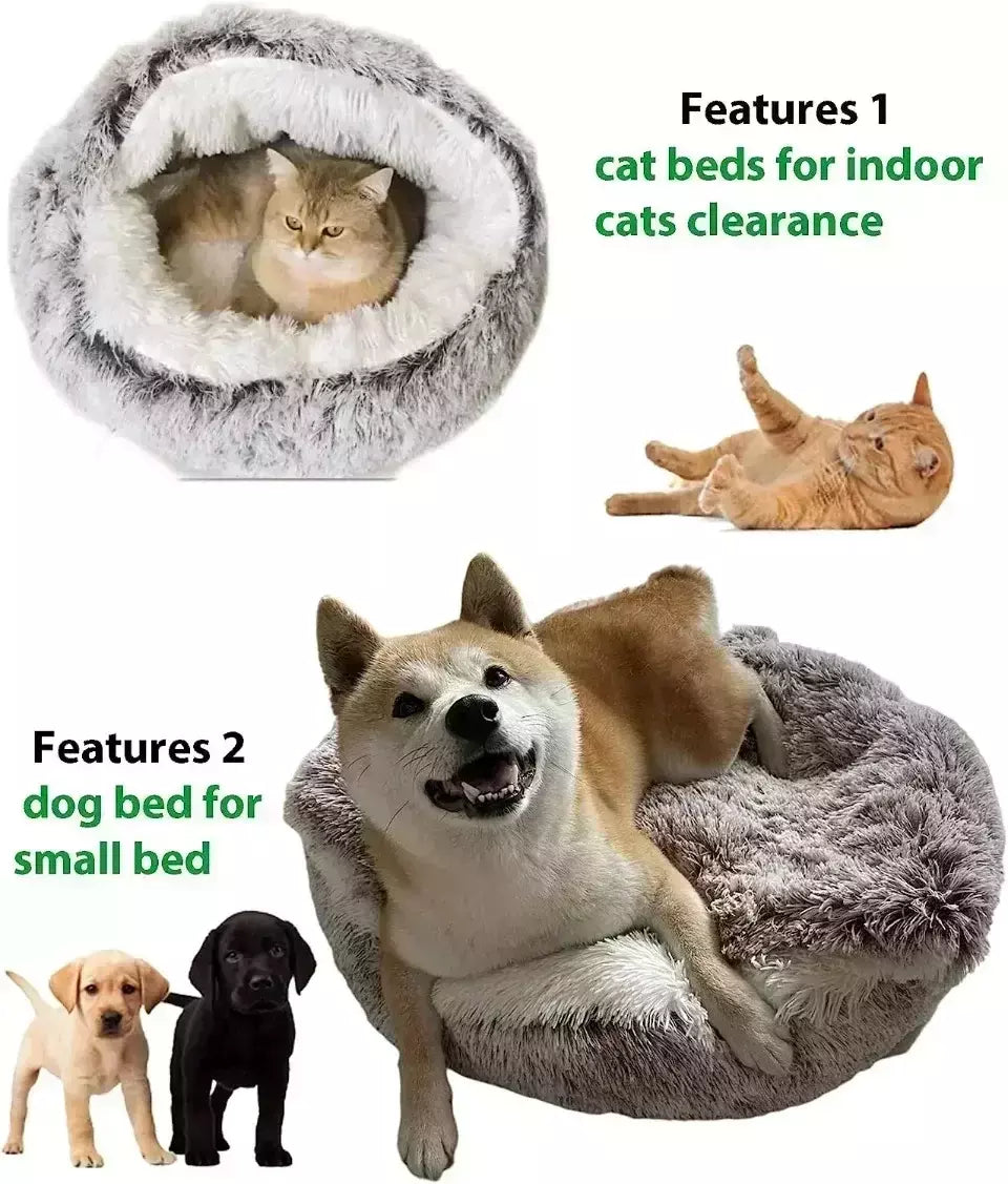 Almofada redonda para gatos, sacos de dormir semi fechados para animais de estimação, pelúcia longa e macia 2 em 1, camas quentes para gatos, conforto simples, ninho de dormir quente para cachorros