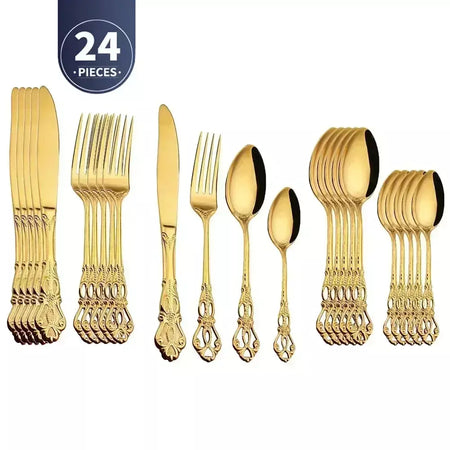 Conjunto de talheres de aço inoxidável dourado, colher europeia real, garfo, talheres completos, design retrô, seguro para máquina de lavar louça, talheres elegantes