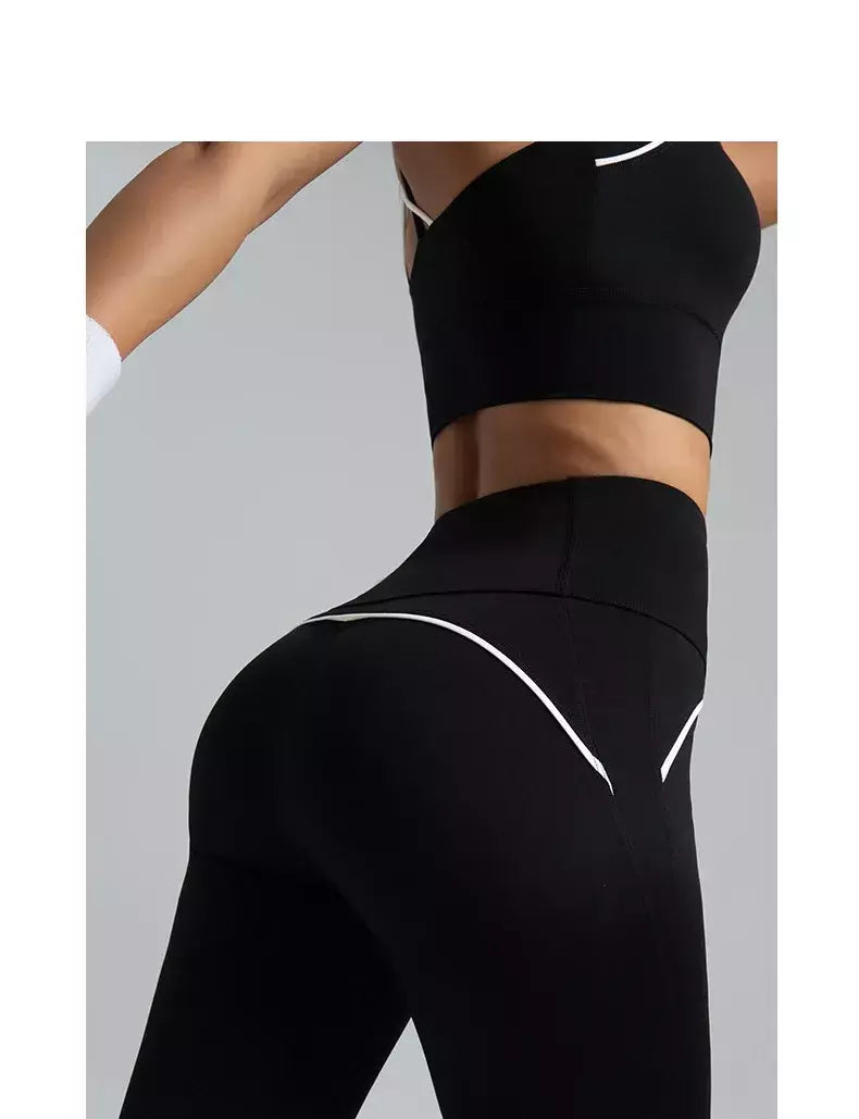 PINGNIAO-Calças e Sutiã Yoga de Cintura Alta para Mulheres, Alça Cruzada, Terno Esportivo, Fitness Wear, Design De Linha