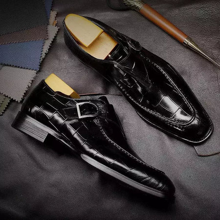 Sapatos de casamento masculino com fivela de couro mocassins da moda, sapato de vestido, biqueira quadrada, formal, elegante, de boa qualidade, casual