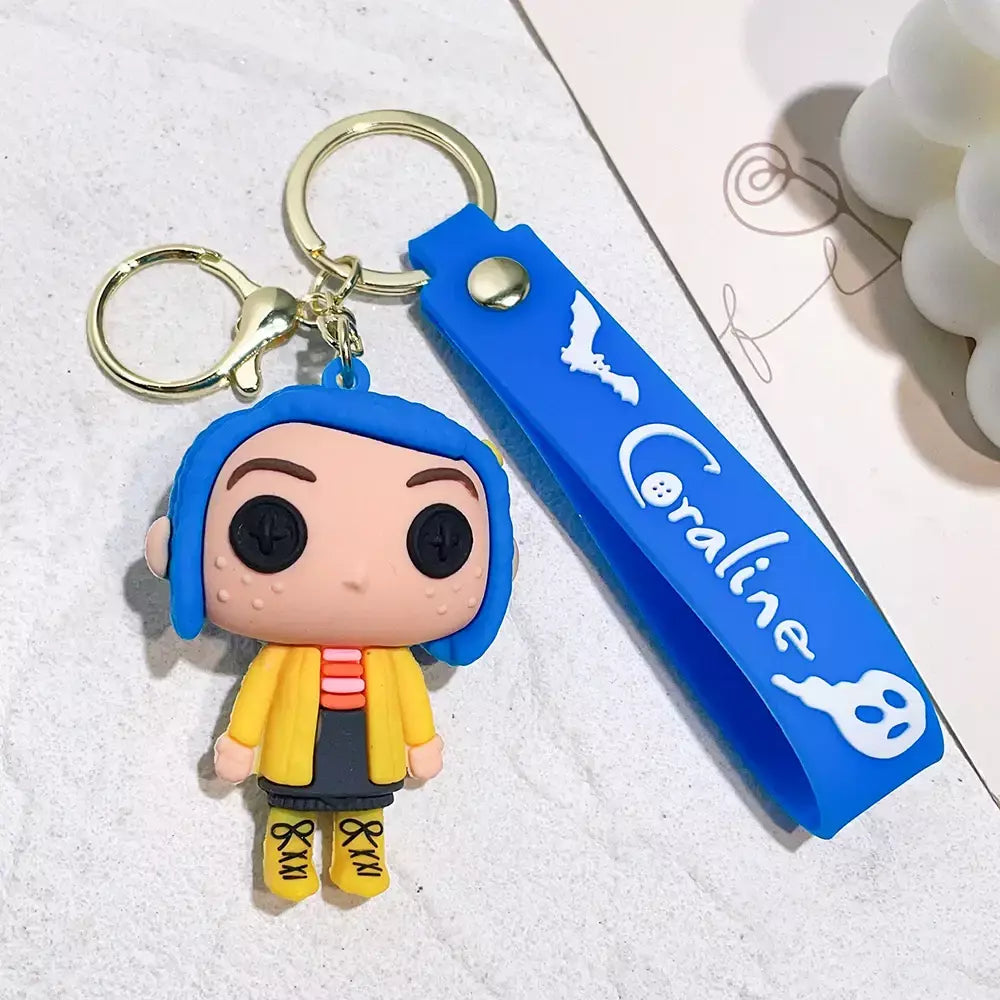 Criativo dos desenhos animados filme de ação coraline figura boneca modelo bonito boneca pvc chaveiro ornamento chaveiro pingente crianças presentes