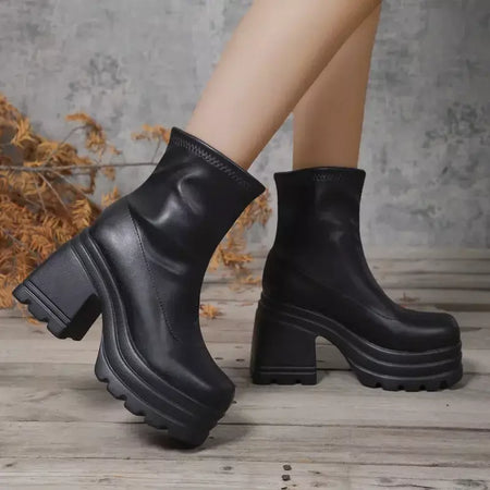 Mulheres nova moda botas curtas mulheres sexy bota de couro dedo do pé quadrado casual zíper salto alto casual sola grossa sapatos femininos zapatos