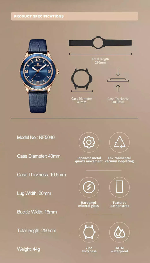 NAVIFORCE-Relógio de couro simples feminino, relógios de pulso casuais, relógio de quartzo feminino, original, nova moda