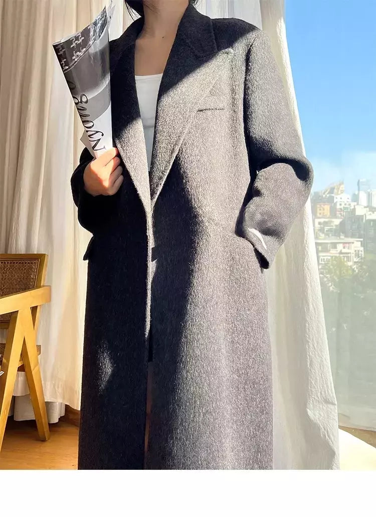 Casaco de alpaca de lã feminino, jaquetas de lã, trespassado duplo, gola de terno, solto, Casacos longos, senhora do escritório, outono, inverno, 2022