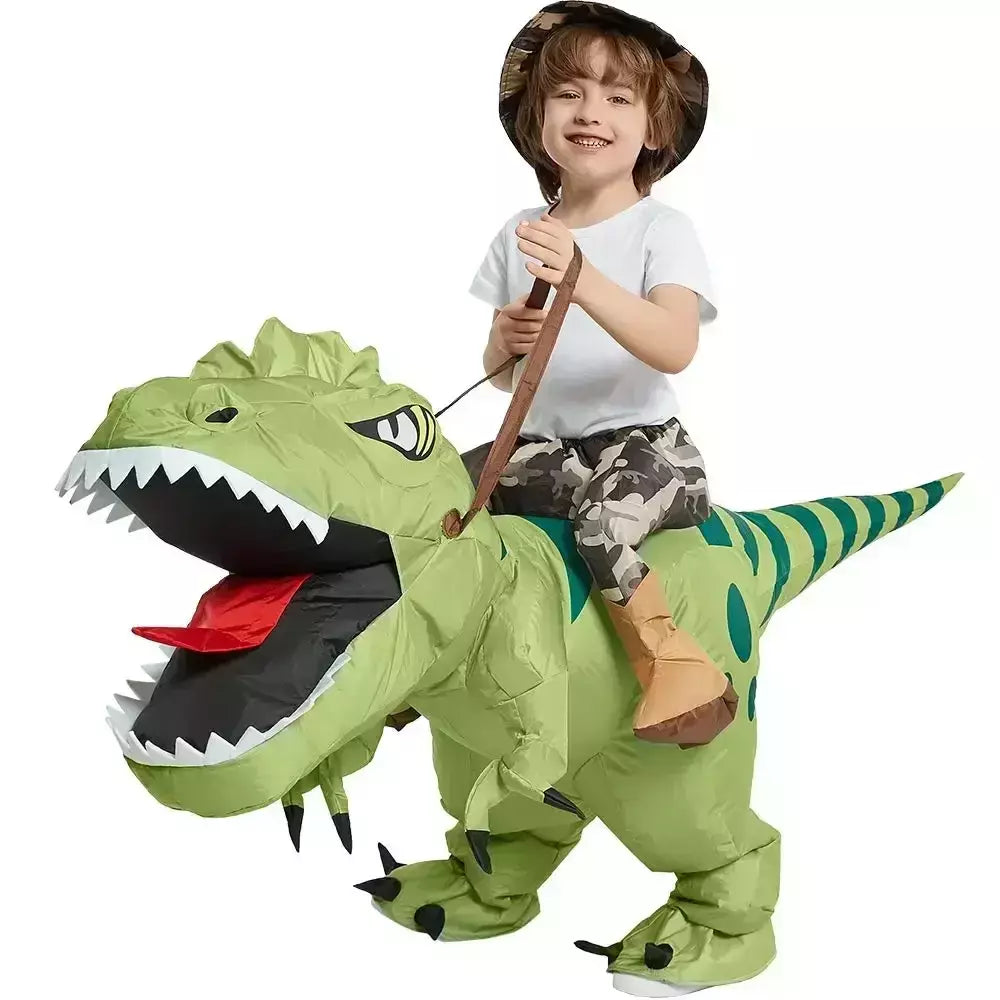 Nova venda quente engraçado criança adulto inflável equitação dinossauro verde cosplay traje crianças fantasia vestido de festa tema do feriado do dia das bruxas