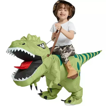 Nova venda quente engraçado criança adulto inflável equitação dinossauro verde cosplay traje crianças fantasia vestido de festa tema do feriado do dia das bruxas