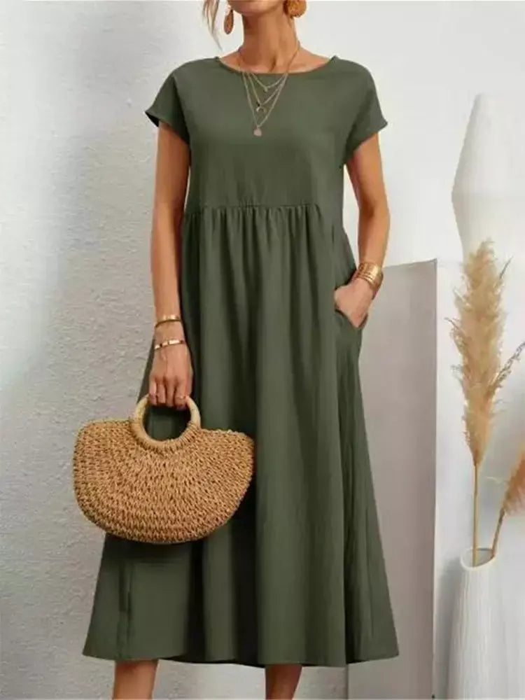 Vintage sólido midi vestido casual manga curta algodão e linho harajuku oversized vestido longo feminino verão y2k maxi vestido de verão 2023