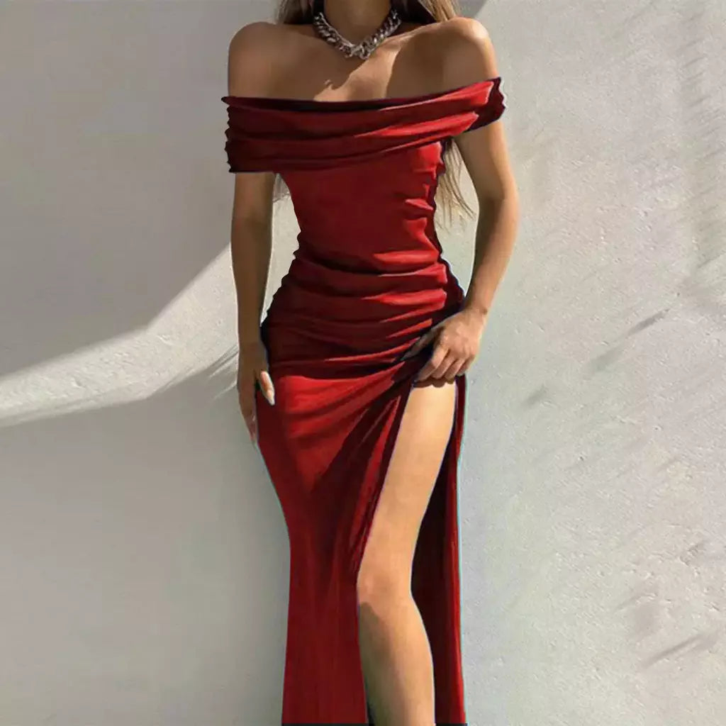 Elegante vestido de noite feminino, Monocromático, Ombro Fora, Sexy, Divisão para o Lado Alto, Luxo, Formal, Sexy, senhoras, Festa, Noite