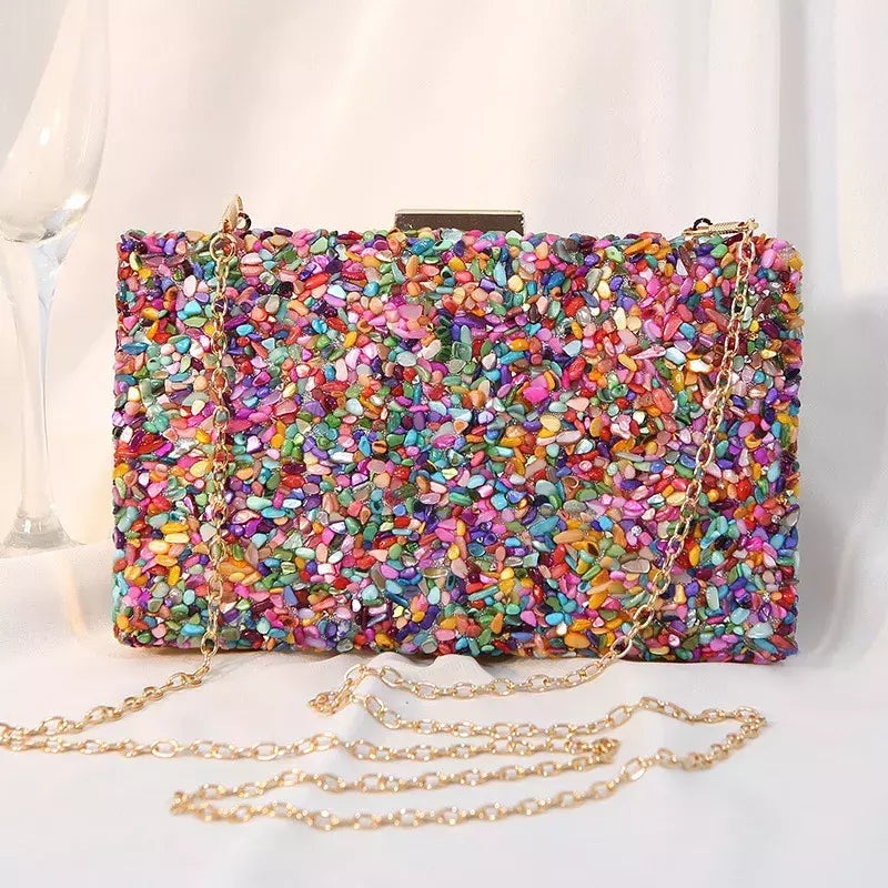 Bolsa acrílica com fecho interligado para menina, bolsa do casamento, pedra multicolorida, corrente de metal, crossbody, ombro, noite, difícil