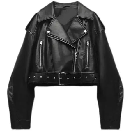 TRAF-Jaqueta curta de couro sintético feminina com cinto, casaco vintage extragrande, streetwear solto, zíper feminino, outwear retrô Moto Biker
