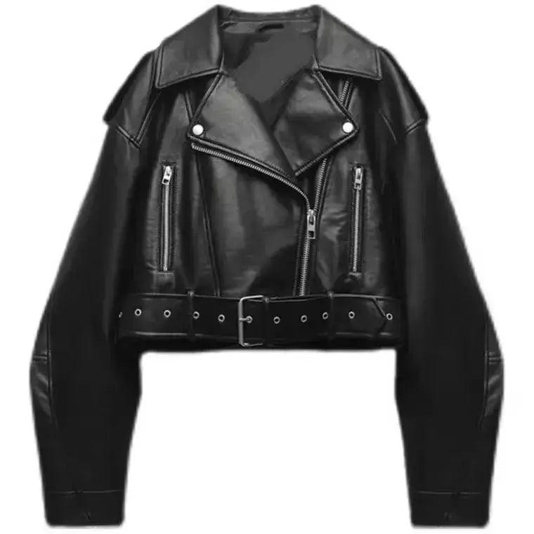 TRAF-Jaqueta curta de couro sintético feminina com cinto, casaco vintage extragrande, streetwear solto, zíper feminino, outwear retrô Moto Biker