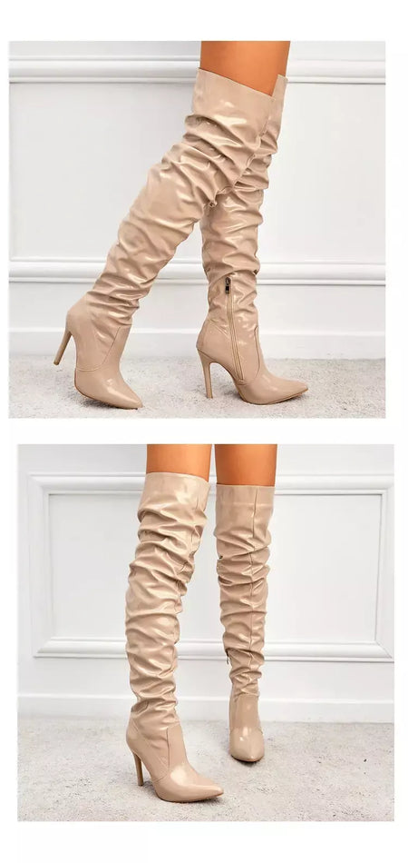 Eilyken-Patent Leather Apontado Toe Salto Alto para Mulheres, Botas Vermelhas Sobre o Joelho, Sapatos de Zíper Lateral, Stiletto Sólido, Calçado Feminino