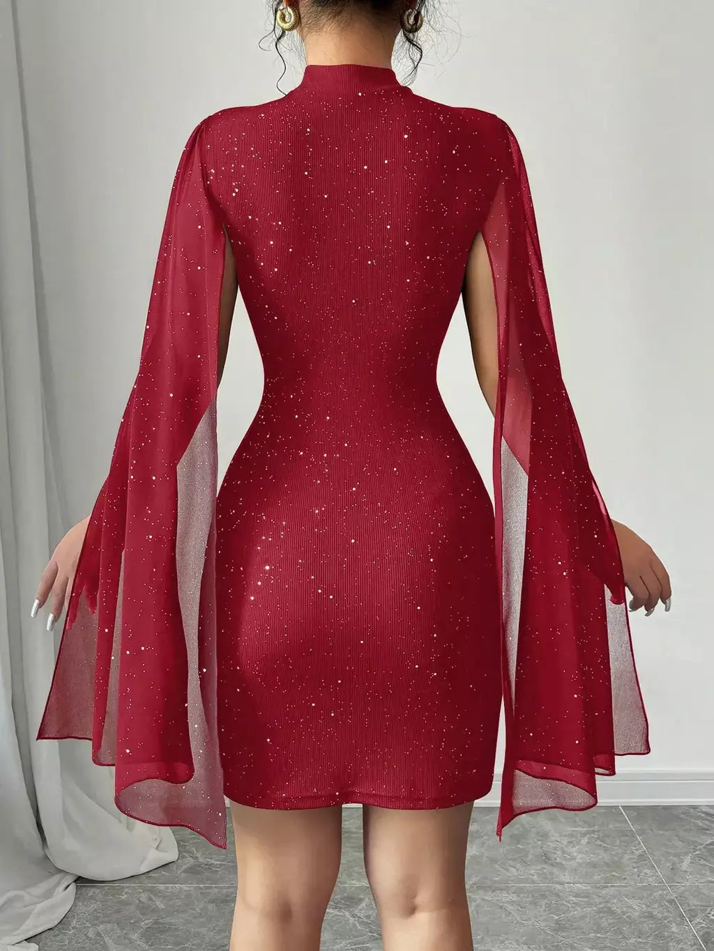 Sexy feminino gola capa mini vestido lantejoulas espumante clube festa noite fora cabido bodycon elegante outono inverno