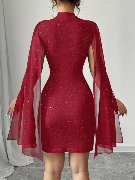 Sexy feminino gola capa mini vestido lantejoulas espumante clube festa noite fora cabido bodycon elegante outono inverno