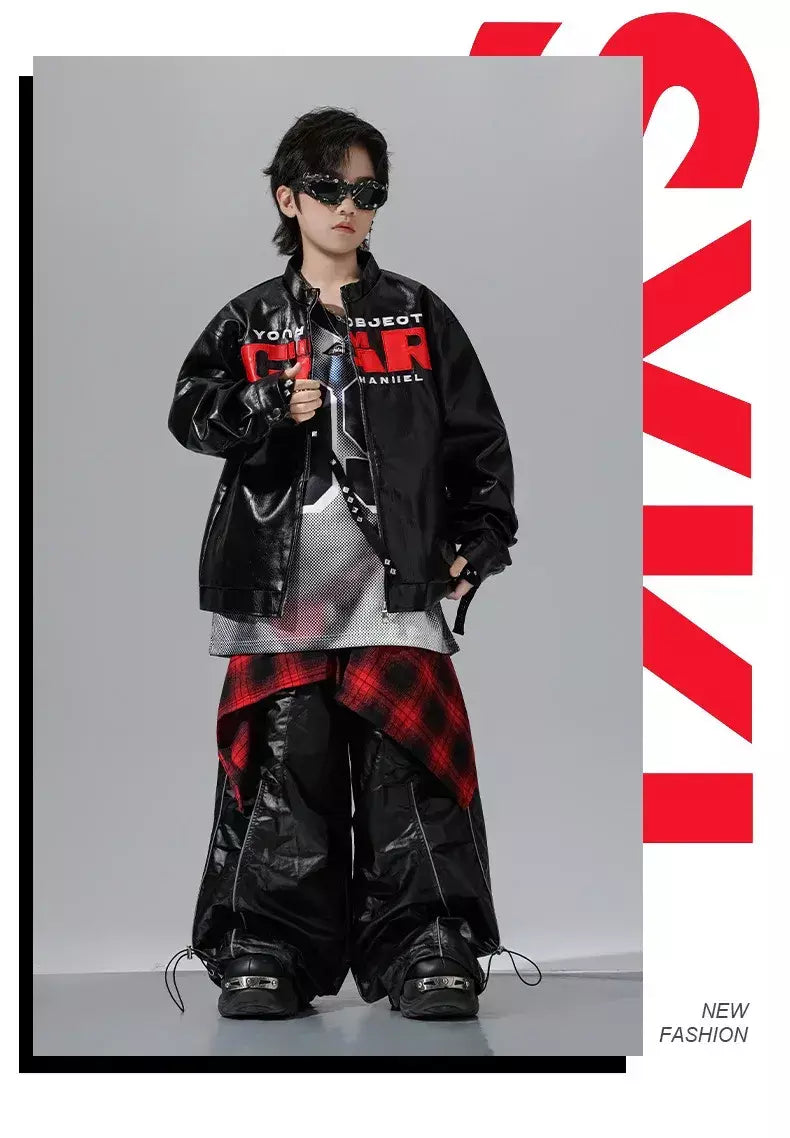 Meninos hio hop letras jaqueta de couro dança de rua calças de carga soltas meninas k-pop streetwear crianças conjunto de roupas jazz traje