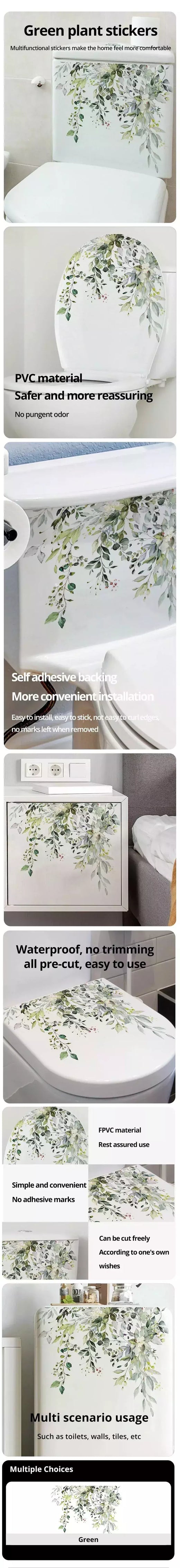 1PCS Plantas Verdes Flores Adesivo De Parede Banheiro WC Decalques Sala de estar Gabinete Casa Decoração Auto-adesivo Mural