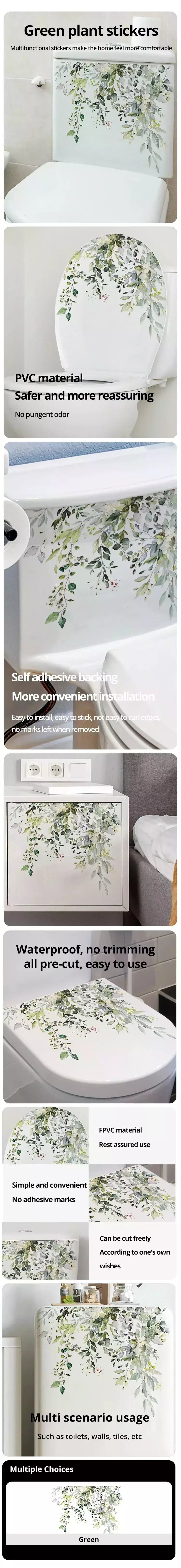 1PCS Plantas Verdes Flores Adesivo De Parede Banheiro WC Decalques Sala de estar Gabinete Casa Decoração Auto-adesivo Mural