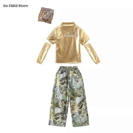 Girls Hip Hop Shiny Golden Crop Top Patchwork Jeans Pants Kids Streetwear Child Jazz Girl Group Costumes K-pop Retro Clothes Set