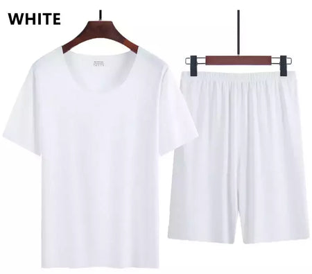 Verão pijamas masculinos terno fino gelo casa roupas traceless manga curta shorts em torno do pescoço casual roupas de verão