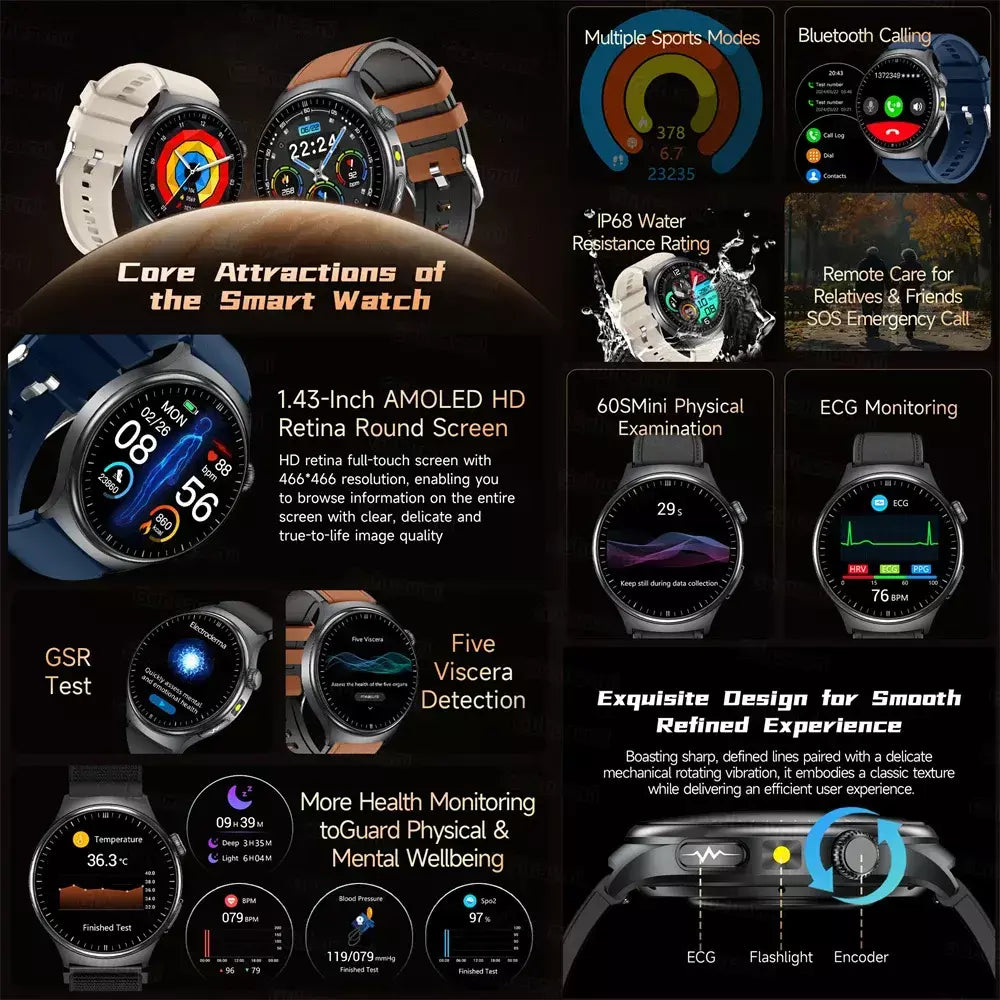 2026 novo relógio inteligente masculino feminino exame micro-físico ecg + ppg oxigênio no sangue ácido úrico pressão arterial safira smartwatch masculino