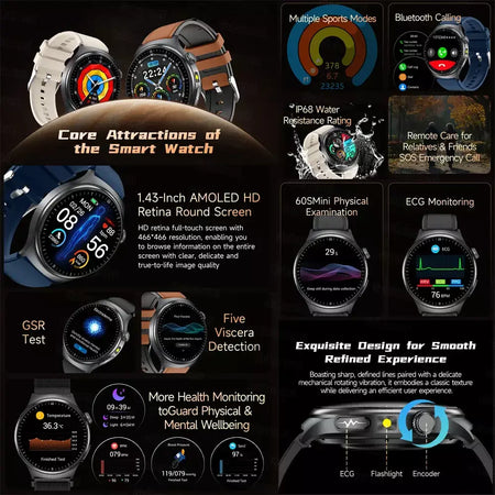 2026 novo relógio inteligente masculino feminino exame micro-físico ecg + ppg oxigênio no sangue ácido úrico pressão arterial safira smartwatch masculino