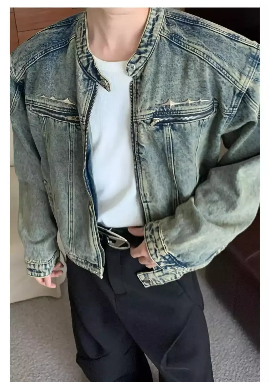 Jaqueta jeans de rua masculina, vintage lavada, jaqueta de caubói angustiada, streetwear casual, primavera, novo, estilo americano, zíperes