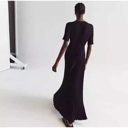 Vestido longo de malha monocromática feminino, manga curta, vestido feminino plissado, gola em O, quadril, primavera, moda verão, feminino, 2022