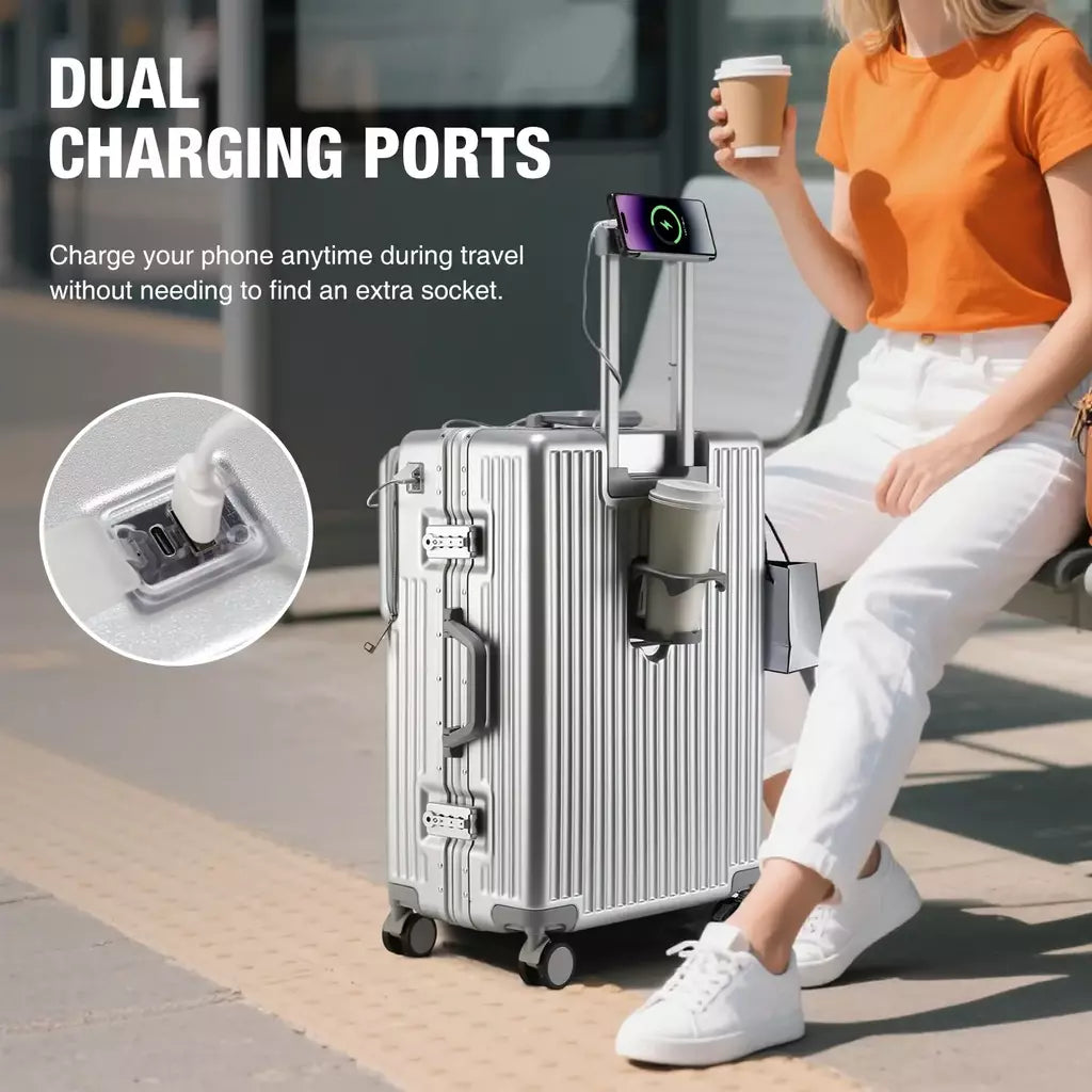 AIWEINY 2025 Mala de viagem rígida com estrutura em alumínio, resistente à pressão, com rodas omnidirecionais silenciosas de 360°, suporte para copos e prateleira, com fechadura TSA.
