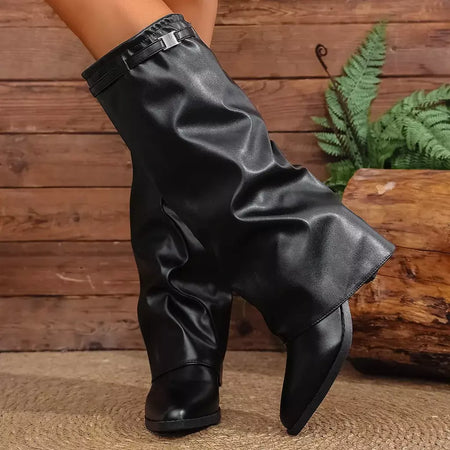 Moda plissada bota de salto alto outono novo tamanho grande estilo britânico calças de tubo alto bota feminina transfronteiriça lindamente