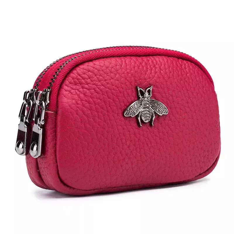 Mulheres couro de vaca com zíper duplo Carteiras Bolsa, Bee Cartão Hole Bag, Batom Case, Couro Mini fone de ouvido Coin Purse, feminino