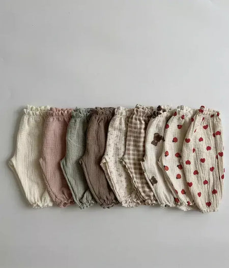 Calças de bebê de algodão orgânico recém-nascidos outono primavera verão inverno bonito impressão macia musselina roupas calças pantalons capris