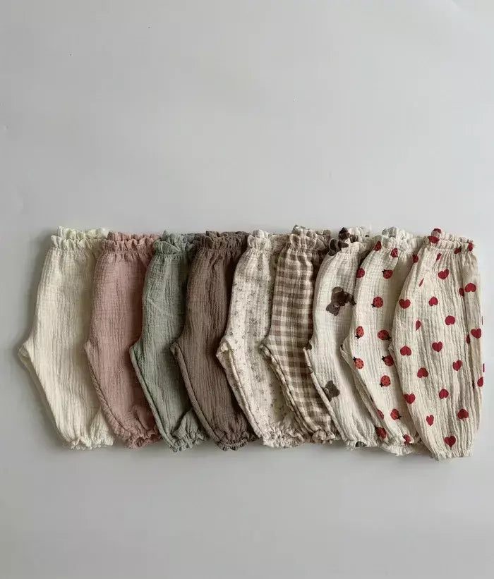 Calças de bebê de algodão orgânico recém-nascidos outono primavera verão inverno bonito impressão macia musselina roupas calças pantalons capris