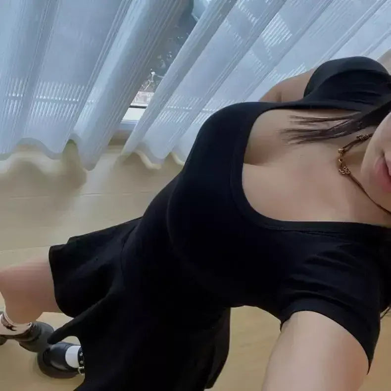 Verão novo desejo puro gola quadrada manga curta bodycon vestido elástico mini saia moda feminina fibra de poliéster cintura império