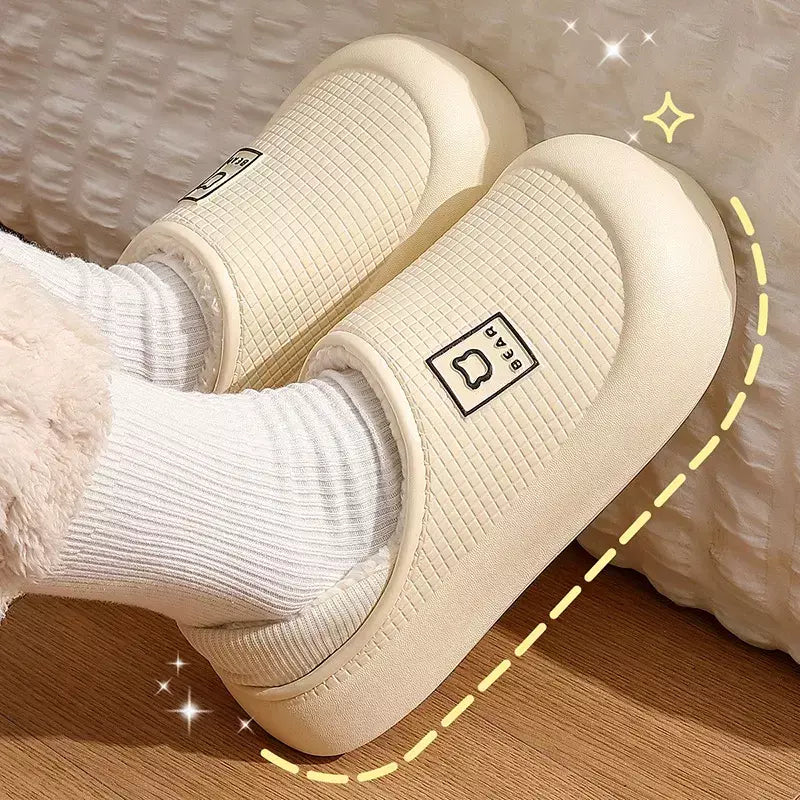 Chinelos de algodão para mulheres inverno saco à prova dwaterproof água salto quente antiderrapante chinelos de pelúcia para homens fundo grosso sapatos de casal
