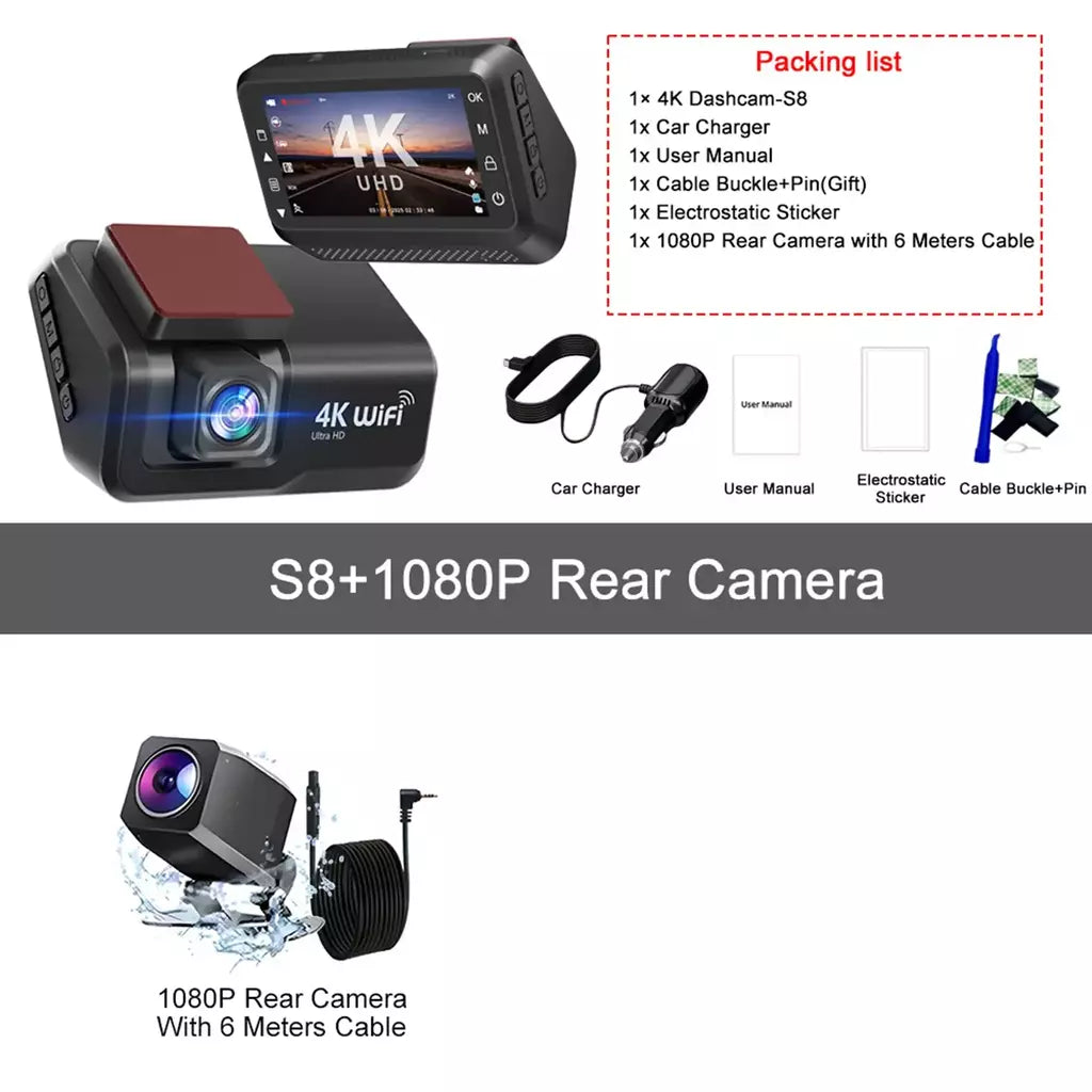 Kocam 4K UHD Dash Cam WiFi Carro DVR Dianteira e Traseira Lente Dupla Câmera Auto para Carro com Visão Noturna 24H Monitor de Estacionamento Caixa Preta